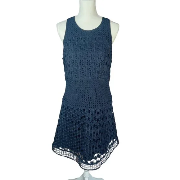 Ann Taylor Navy Blue Laser Cut Out Lace Overlay Formal A Line Dress Size 6 - Picture 1 of 8